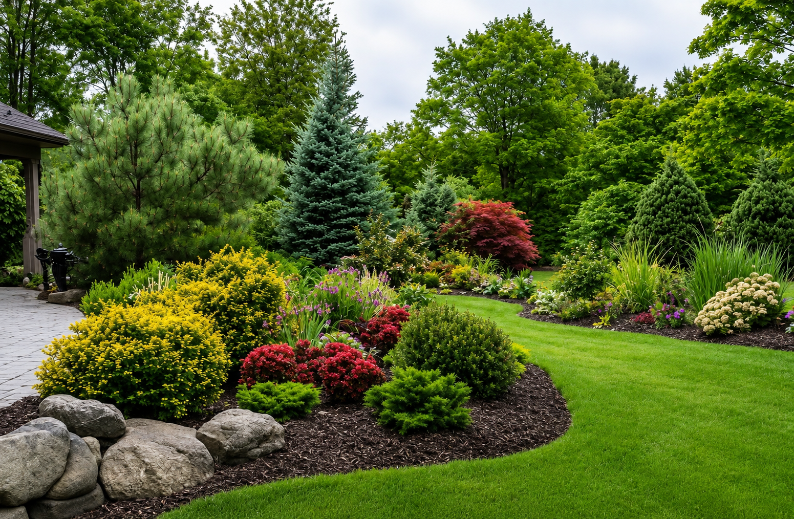 Lush green lawn with precision mower striping patterns